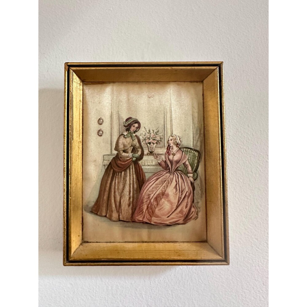 Vintage French Mini Gilded Print on Silk – Antique French Artwork Painting